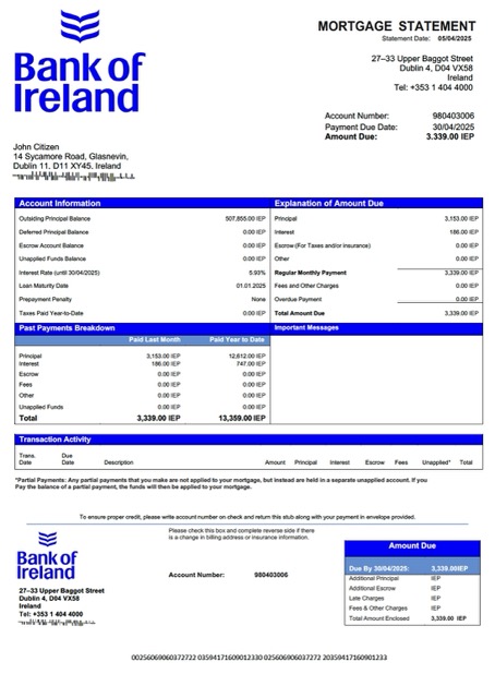 Download Ireland Bank of Ireland mortgage statement Word and PDF template Photoshop template